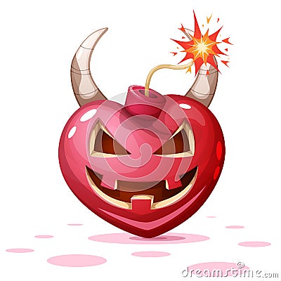 Horror, fear, halloween illustration. Heart, pumpkin, bomb cartoon characters. Vector Illustration