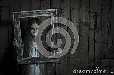 Horror girl in white dress Stock Photo