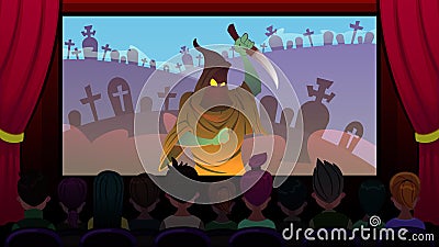 Horror Movie is Shown on Screen in Cinema Cartoon Stock Photo