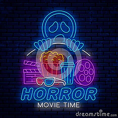 Horror movie time. Night neon sign. Vector Illustration