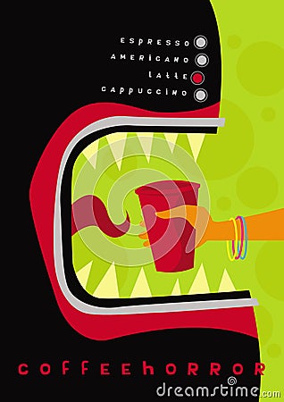 Horror movies. Coffee machine like a bloodthirsty monster. Coffeehorror. Cartoon Illustration