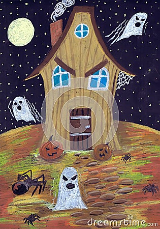 Horror night during Halloween. Children`s drawing Stock Photo