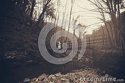 Horror scene of woman in white dress at the old wooden bridge Stock Photo