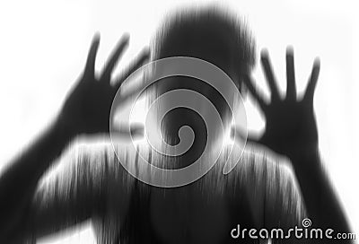 Horror woman behind the matte glass ,style black and white, Blurry hand and body Stock Photo