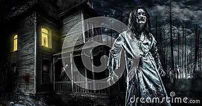 Horror zombie near the abandoned house. Halloween. Stock Photo