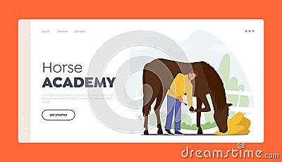 Horse Academy Landing Page Template. Stableman Male Characters Care of Purebred Horse Cleaning Hooves Vector Illustration