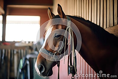 horse being brushed by grooming tools in stable Stock Photo