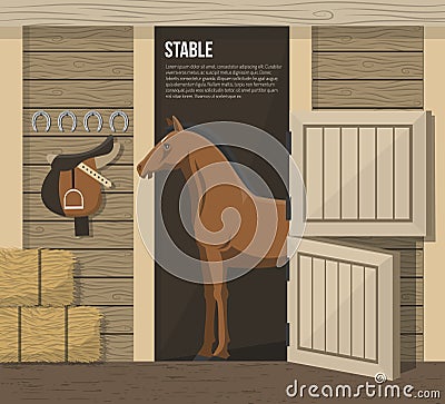 Horse Breeding Farm Stable Stall Poster Vector Illustration