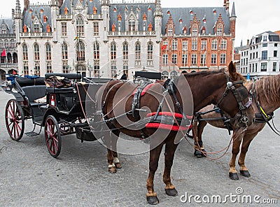 Horse carriage in front of thr Brugge city hall Editorial Stock Photo