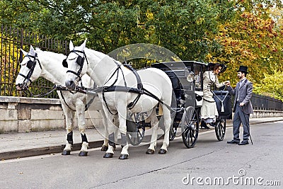 Horse Carriage with old fashioned dressed couple Stock Photo