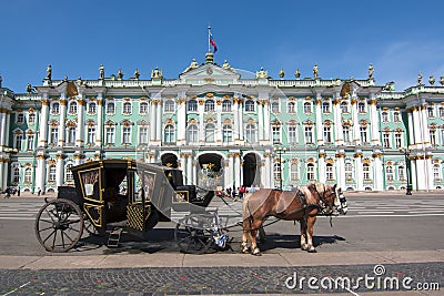 Horse carriage on Palace square and Hermitage museum, Saint Petersburg, Russia Editorial Stock Photo