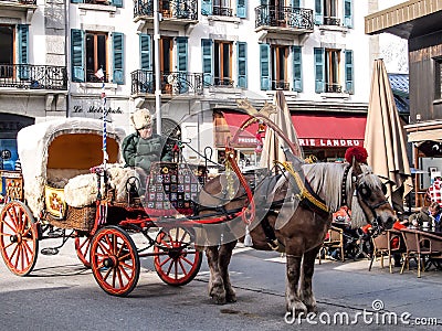 Horse carriage for site seeing service at Chamonix Mont Blanc Editorial Stock Photo