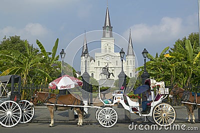 Horse Carriage and tourists in front of Andrew Jackson Statue & St. Louis Cathedral, Jackson Square in New Orleans, Louisiana Editorial Stock Photo