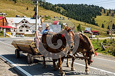 Horse carriage with wooden planks on mountain road in Bihor, Romania, 2021 Editorial Stock Photo