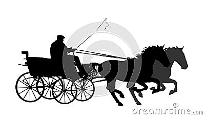 Horse carriages with coachman with whip in hand and two horses in gallop vector silhouette illustration isolated on white Vector Illustration