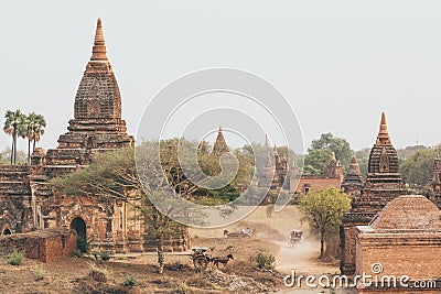 Horse carriages driving tourists through ancient temples and pagodas in Bagan, Myanmar Stock Photo