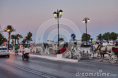 Horse Carriages, Zakyhnos Waterfront, Greece Editorial Stock Photo