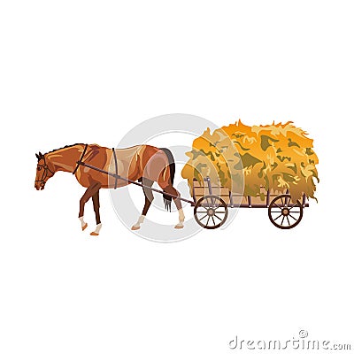 Horse with cart full of hay. Vector Illustration