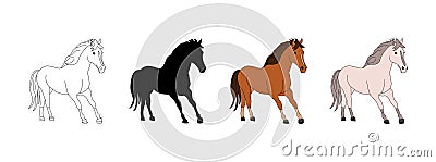 Horse in cartoon. Silhouette, outline, coloring bay, white horse. Isolated vector. Wild, domestic horse. Postcard Vector Illustration