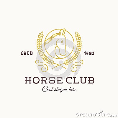 Horse Club Abstract Vector Logo Template Line Style with Typography. Stallion Head in a Circle. Laurel. Gold and Brown Vector Illustration