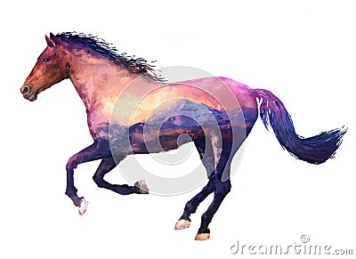 Horse double exposure illustration Cartoon Illustration