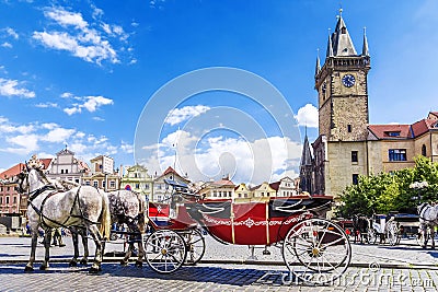 Horse-drawn carriage on the Old Town Square in Prague, the Czech Stock Photo