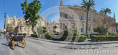 Horse drawn carriages at the back of the Seville Cathedral, Andalusia Editorial Stock Photo