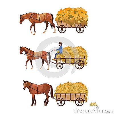 Horse-drawn cart with hay Vector Illustration