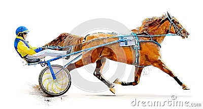 Horse. Equestrian sport. Trotter race. Jockey. Harness racing. Watercolor painting illustration. Hippodrome. Isolated on Cartoon Illustration