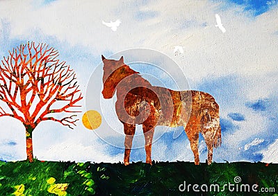 Horse in a field Cartoon Illustration