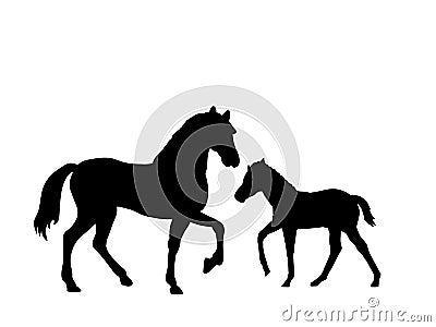 Horse and foal farm mammal black silhouette animal Vector Illustration