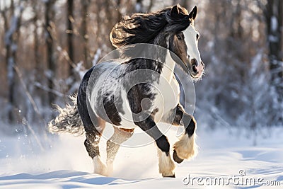 Horse gallop in snow in winter landscape Stock Photo