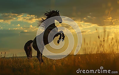 A horse gallops freely, its spirited form caught in the warm glow of the setting sun amidst a field shining with golden Stock Photo