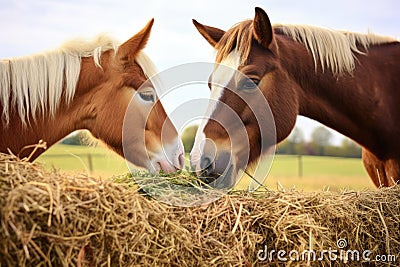 a horse and a goat eating grass from the same haystack Stock Photo