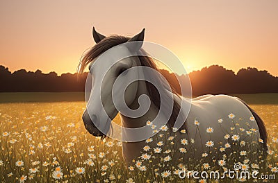 Horse on green lawn with daisies at sunset. Beautiful horse on green grass with wild flowers, chamomile. Generative AI. Stock Photo
