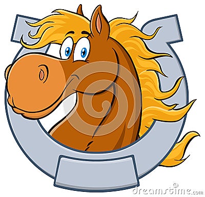 Horse Head Cartoon Mascot Character With Horseshoe. Vector Illustration