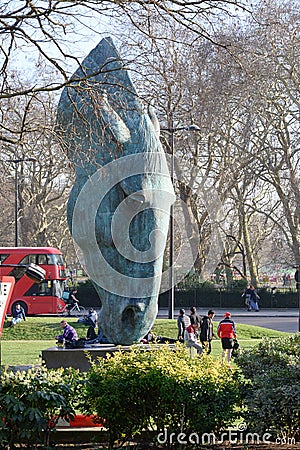 Horse Head sculpture at Marble Arch called `Still Water` by Nic Fiddian-Green Editorial Stock Photo