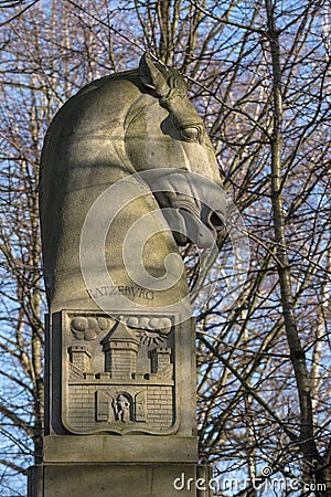 Horse head sculpture from stone in Ratzeburg, Germany, monument Editorial Stock Photo