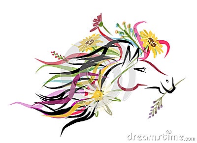 Horse head sketch with floral decoration for your Stock Photo