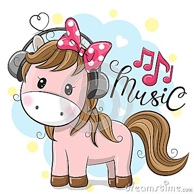 Horse with headphones on a blue background Vector Illustration