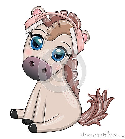 Horse in headphones listens to music. I love music, cute character Stock Photo