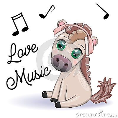 Horse in headphones listens to music. I love music, cute character Vector Illustration