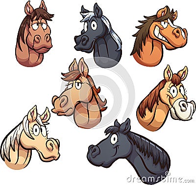 Cartoon male and female horse heads with different expressions Vector Illustration