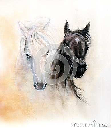 Horse heads, two black and white horse spirits, beautiful detail Stock Photo