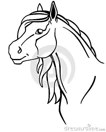 Horse. Horse head, portrait - linear picture for coloring. Beautiful horse head with a long mane. Vector Illustration