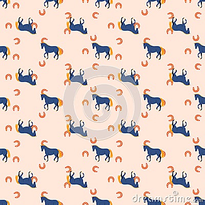 Horse and horseshoe seamless peach color pattern. Vector Illustration