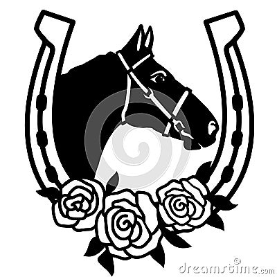 Horse and horseshoe sign silhouette with flowers illustration isolated on white for print or design. Vector Farm cowboy rodeo Vector Illustration