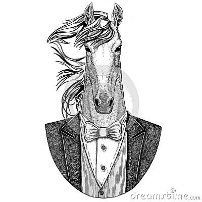 Horse, hoss, knight, steed, courser Hipster animal Hand drawn illustration for tattoo, emblem, badge, logo, patch, t Stock Photo