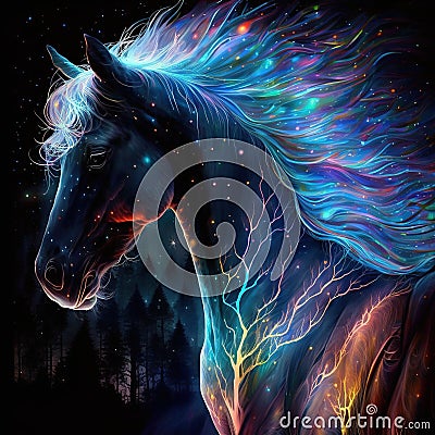 horse image glowing A tress of celestial fire a mane of auroras glow Stock Photo