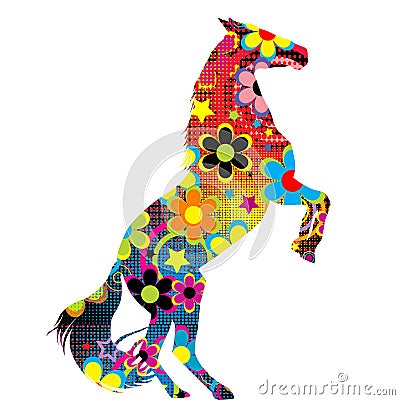 Horse on its hind legs with a colored floral pattern Vector Illustration